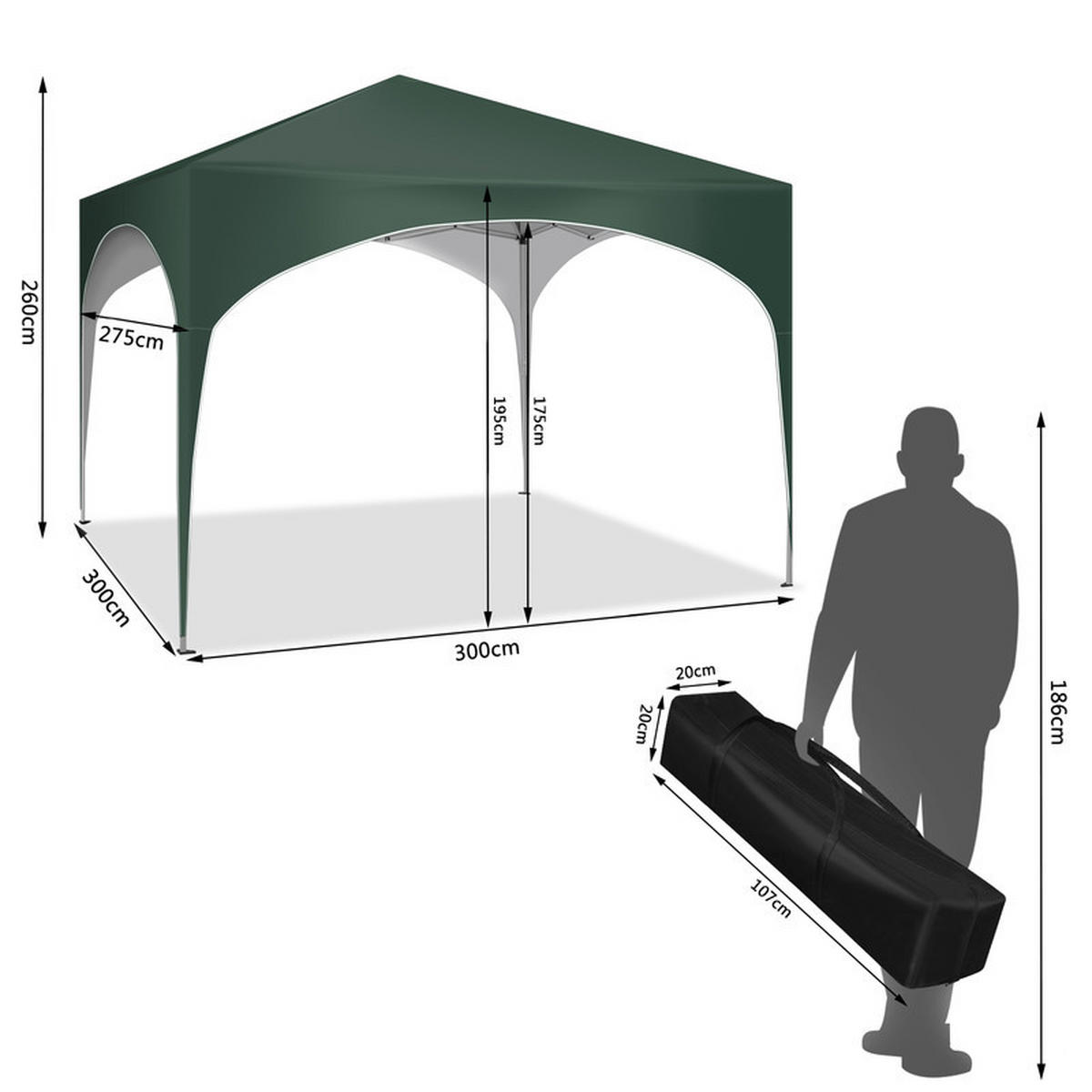 POPUP-GARTENPAVILLON – 3×3 m, wasserdicht, zusammenklappbar, mit halbrundem Dach - Grau, Metall (300/260/300cm) - Kaket