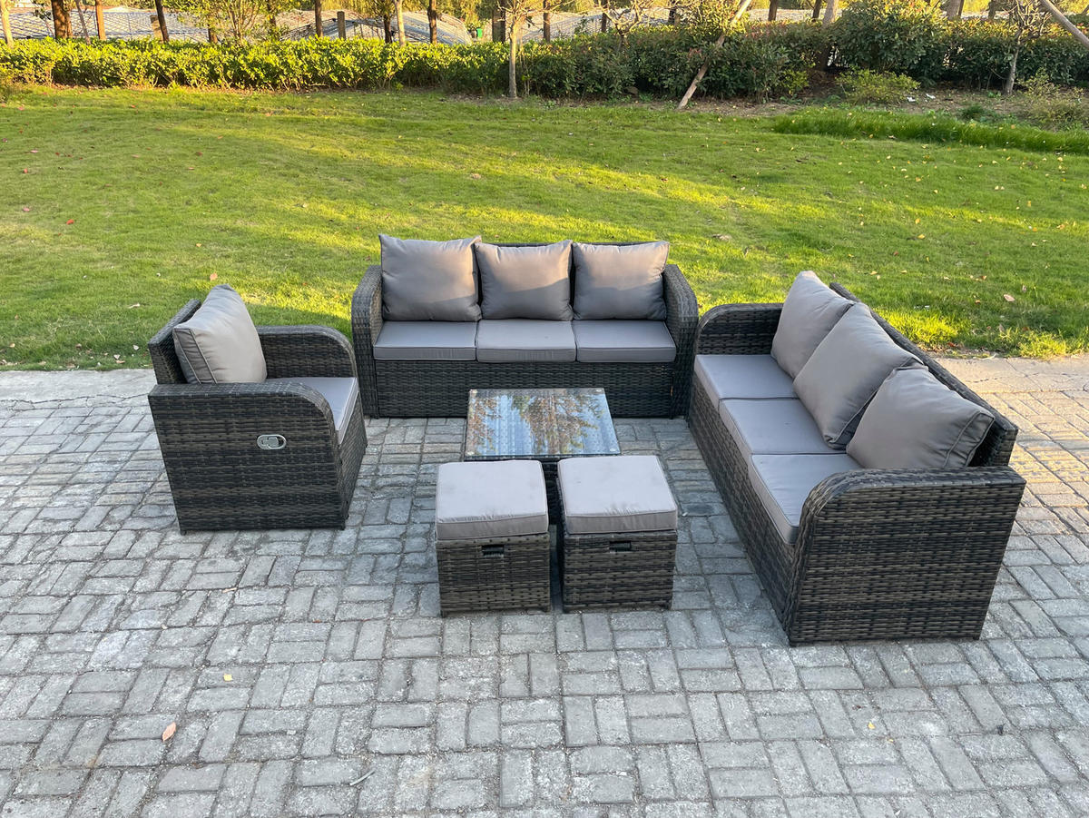 GARTENMÖBEL SET mit 3-SITZER SOFA Polyrattan Dunkelgrau 9-Sitzer - Dunkelgrau/Grau, Glas/Kunststoff - Fimous