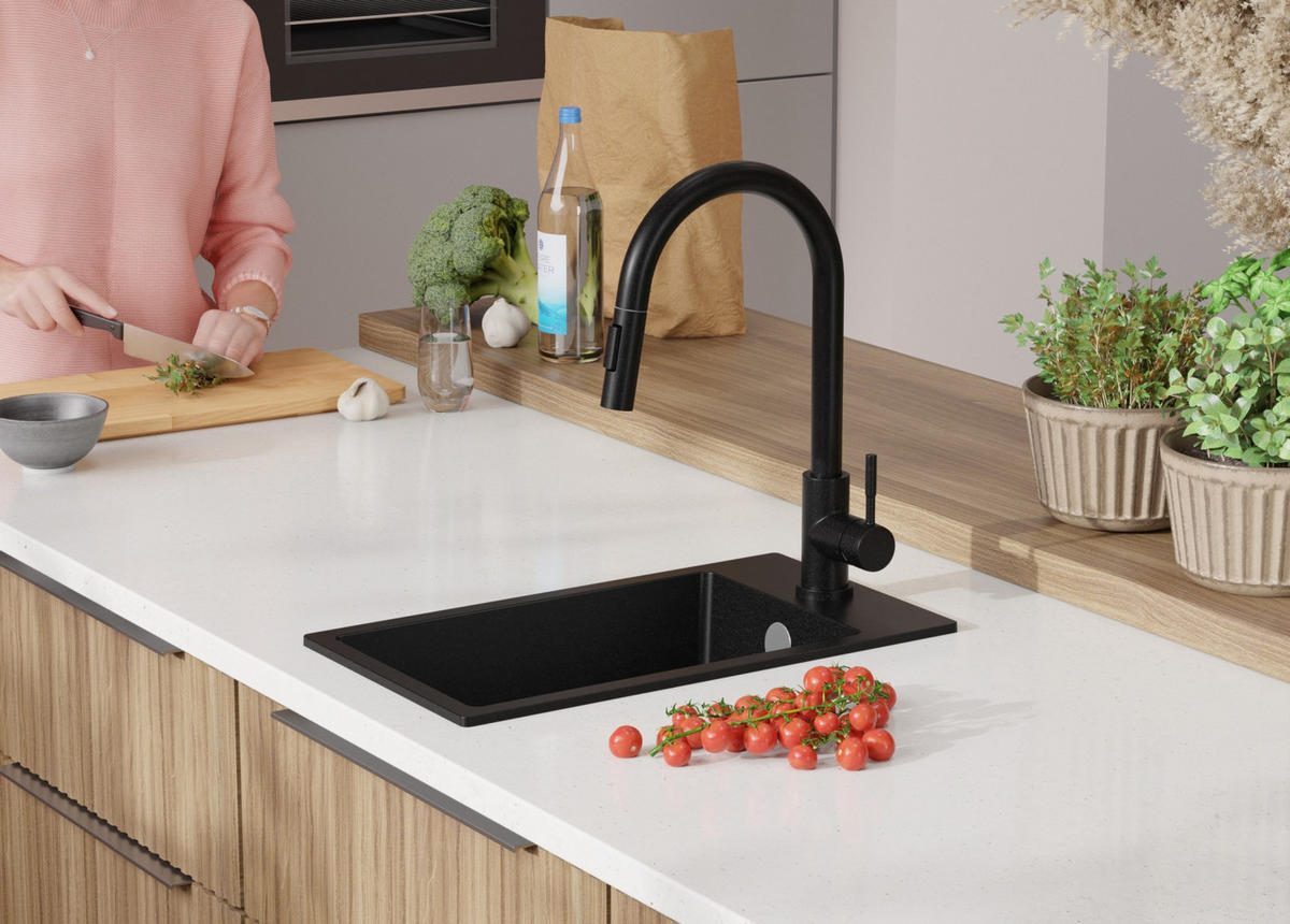 GRANITSPÜLE Riga, 2-er set Alles Schwarz 28/50 cm 1 Becken + Küchenarmatur 32/20 cm + Ablauf-Set ab 30er Unterschrank - Schwarz, Kunststoff (28/20/50cm) - Primagran