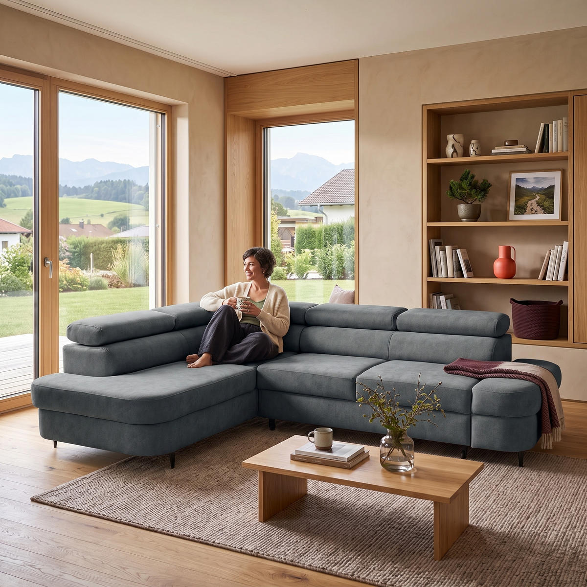 ECKSOFA PRIAM L Links mit Schlaffunktion 125x195 Velours Dunkelgrau - Dunkelgrau/Schwarz, Holz/Textil (203/275cm) - Muffo