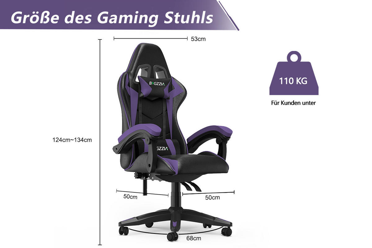 GAMING-STUHL ergonomisch, verstellbare Rückenlehne, Kissen – Schwarz/Lila - Lila, Leder (59/120/56cm) - Rattantree