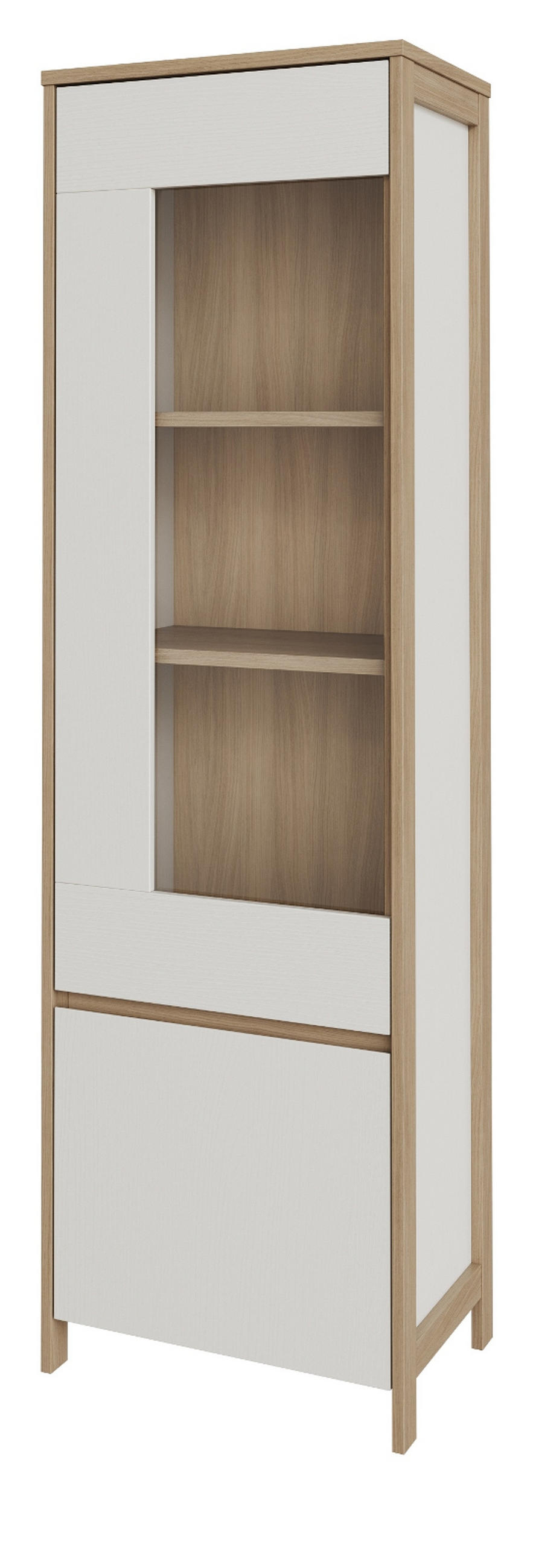 VITRINE in weiß und Eiche Vitrinenschrank skandinavisch 58 x 195 cm, Soft-Close Finnes - Eichefarben/Weiß, Glas/Holzwerkstoff (58/195/39cm) - Furn.Design