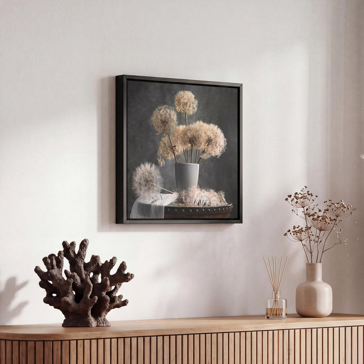 LEINWAND Bilder mit Rahmen - Blumensamen - Löwenzahn - Vase - Stilleben - Blumenstrauß - 20x20 - Dunkelgrau, Textil (20/20cm) - MuchoWow