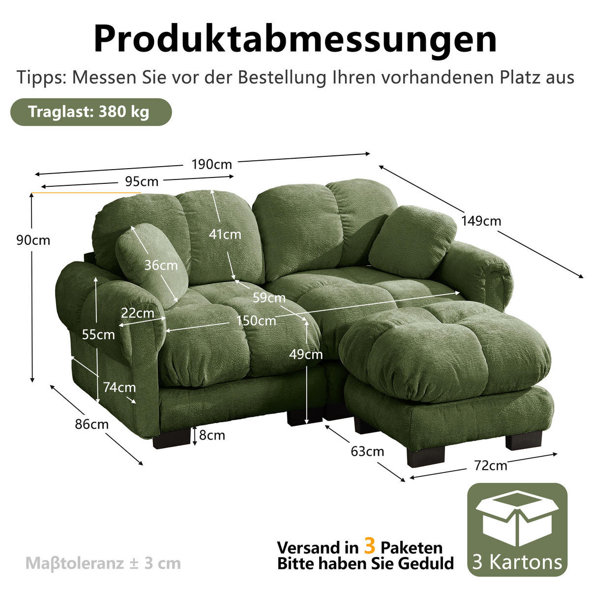ECKSOFA DE-34384 L-Form mit Ottoman und Steppdesign Grün - Grün, Textil (149/190cm) - ComfortXL