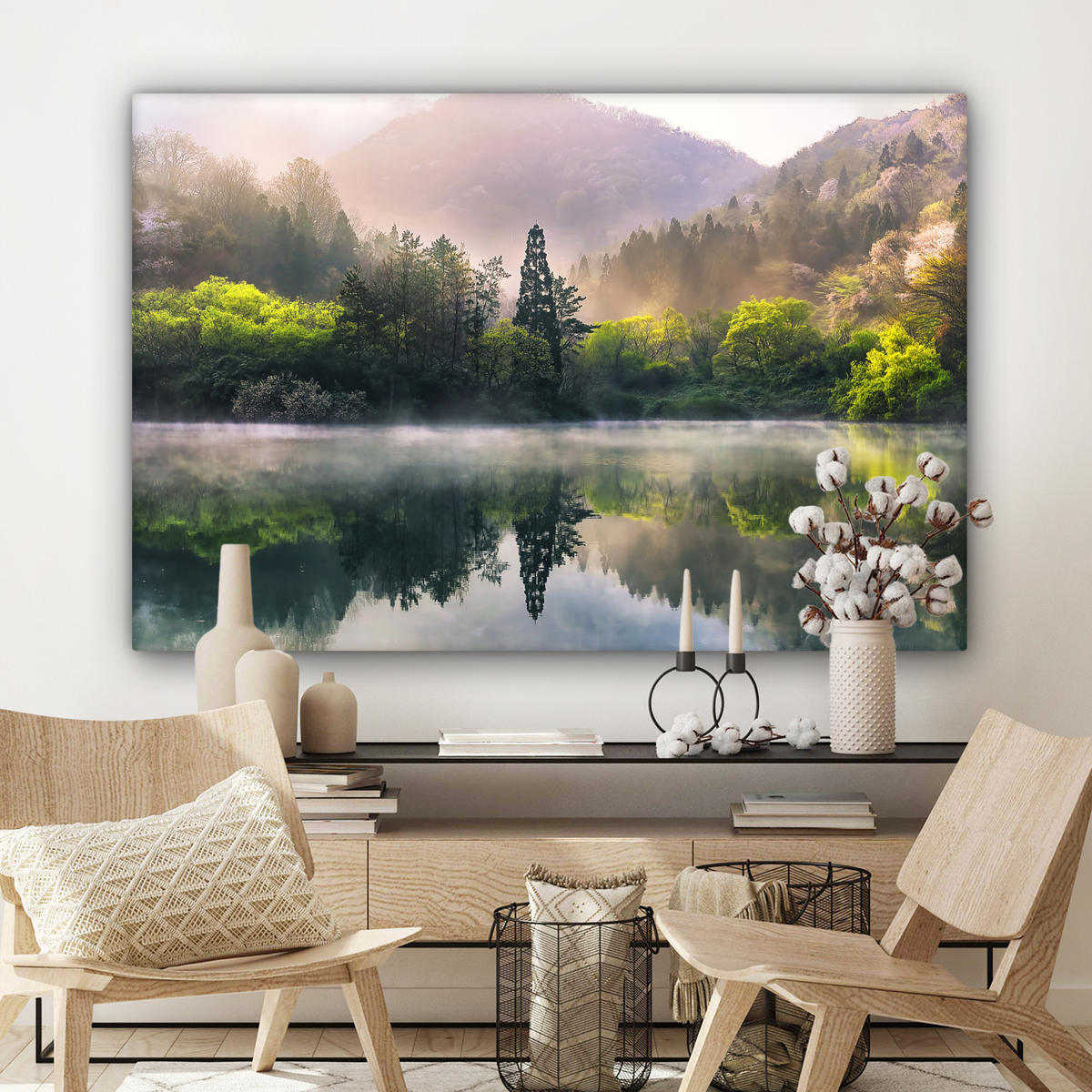 LEINWANDBILD Natur - Bäume - Berge - See - Wasser Wohnzimmer 120x80 cm - Hellgrün, Textil (120/80cm) - MuchoWow