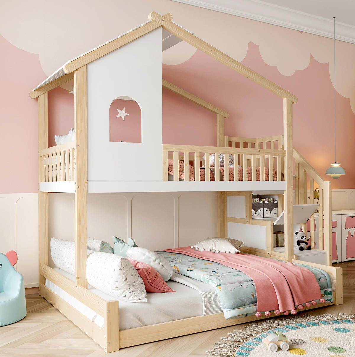 ETAGENBETT mit Bettgitter und Stauraumleiter, Natur/Weiß, 90/140/200 cm - Naturfarben, Holz (140/200cm) - MIVRAY