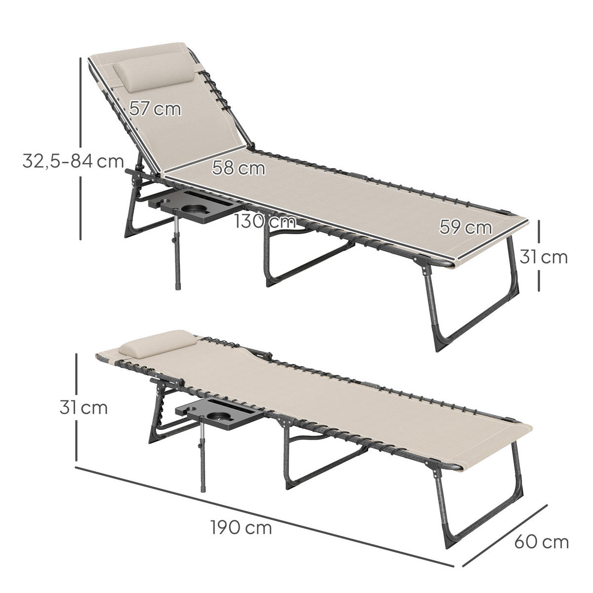 SONNENLIEGE Klappbare Sonnenliege, 190 x 60 x 31 cm ,Creme - Creme, Metall (60/31/190cm) - Vallsero