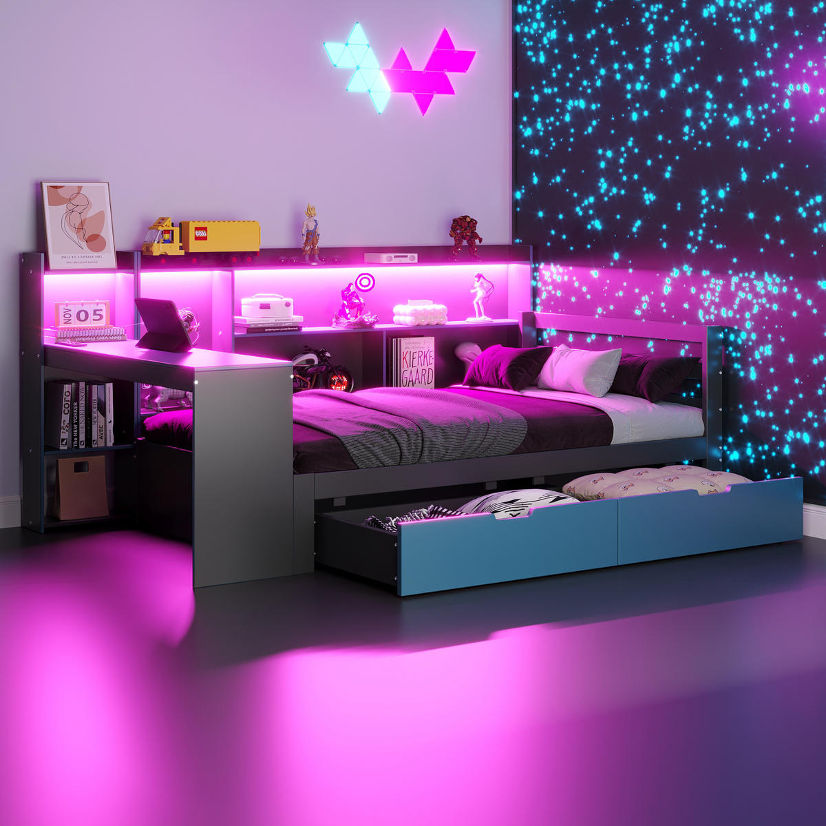 POLSTERBETT 90/200 cm mit Schreibtisch, Regalen, LED und USB-Steckdosen, Schwarz/Blau - Schwarz, Holzwerkstoff (90/200cm) - Redom