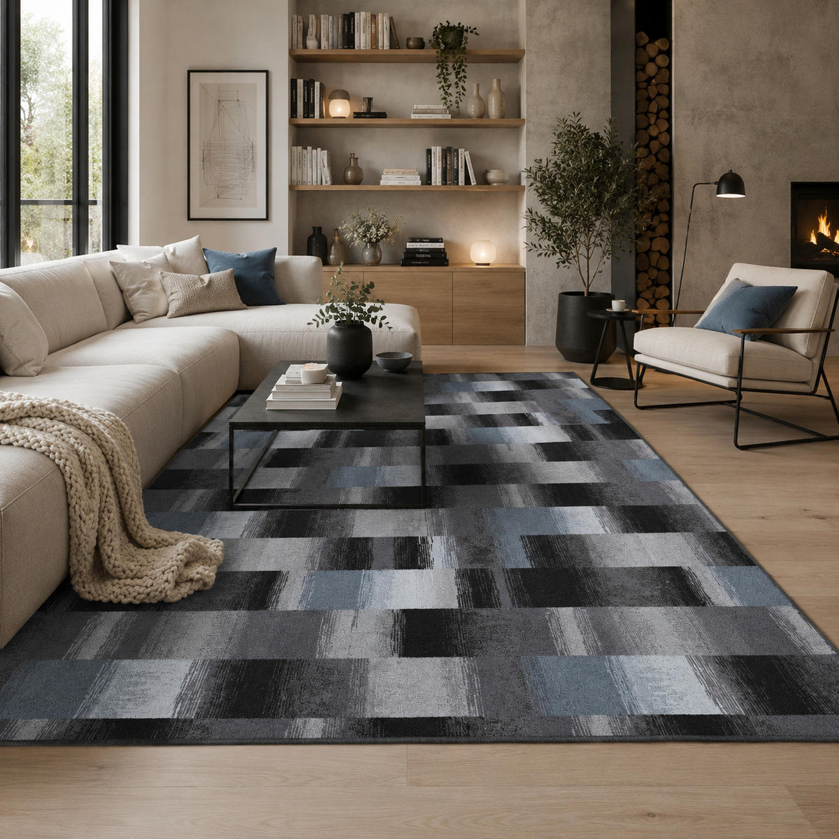 DESIGNER VELOUR TEPPICH MYSTIC KARO - Blaugrau, Textil (100/400cm) - Snapstyle