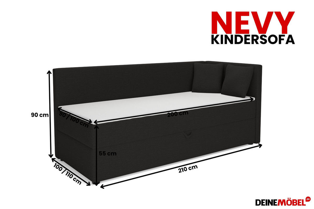 BOXBETT NEVY 90/200 in Stoff Schwarz H3 links - Schwarz, Holz/Holzwerkstoff (90/200cm) - Deine Möbel 24