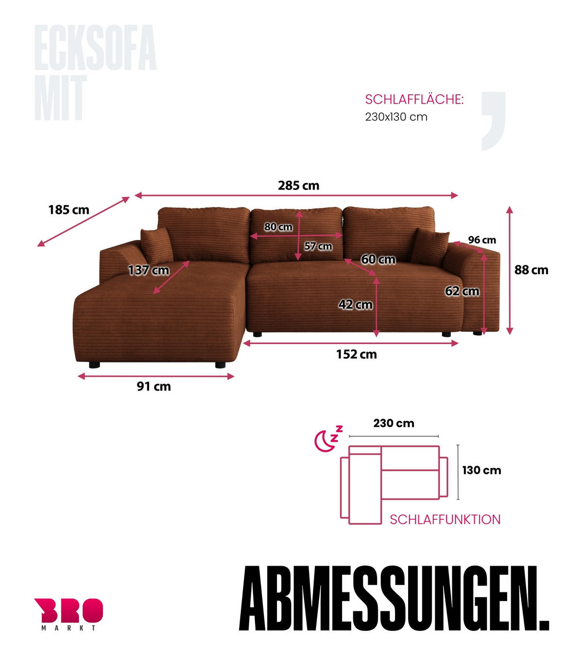 ECKSOFA Romeo mit Schlaffunktion Orange - Orange, Textil (285/185cm) - Bromarkt