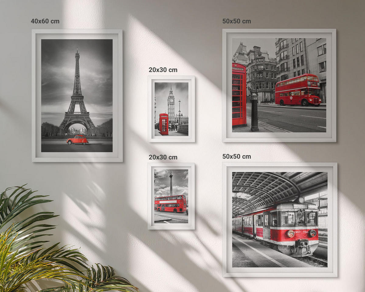 BILDER SET 5er Set - 50x50 cm & 20x30 cm & 40x60 cm Weißer Rahmen - Rote Busse in der Stadt - Weiß, Kunststoff (40/60cm) - TULUP