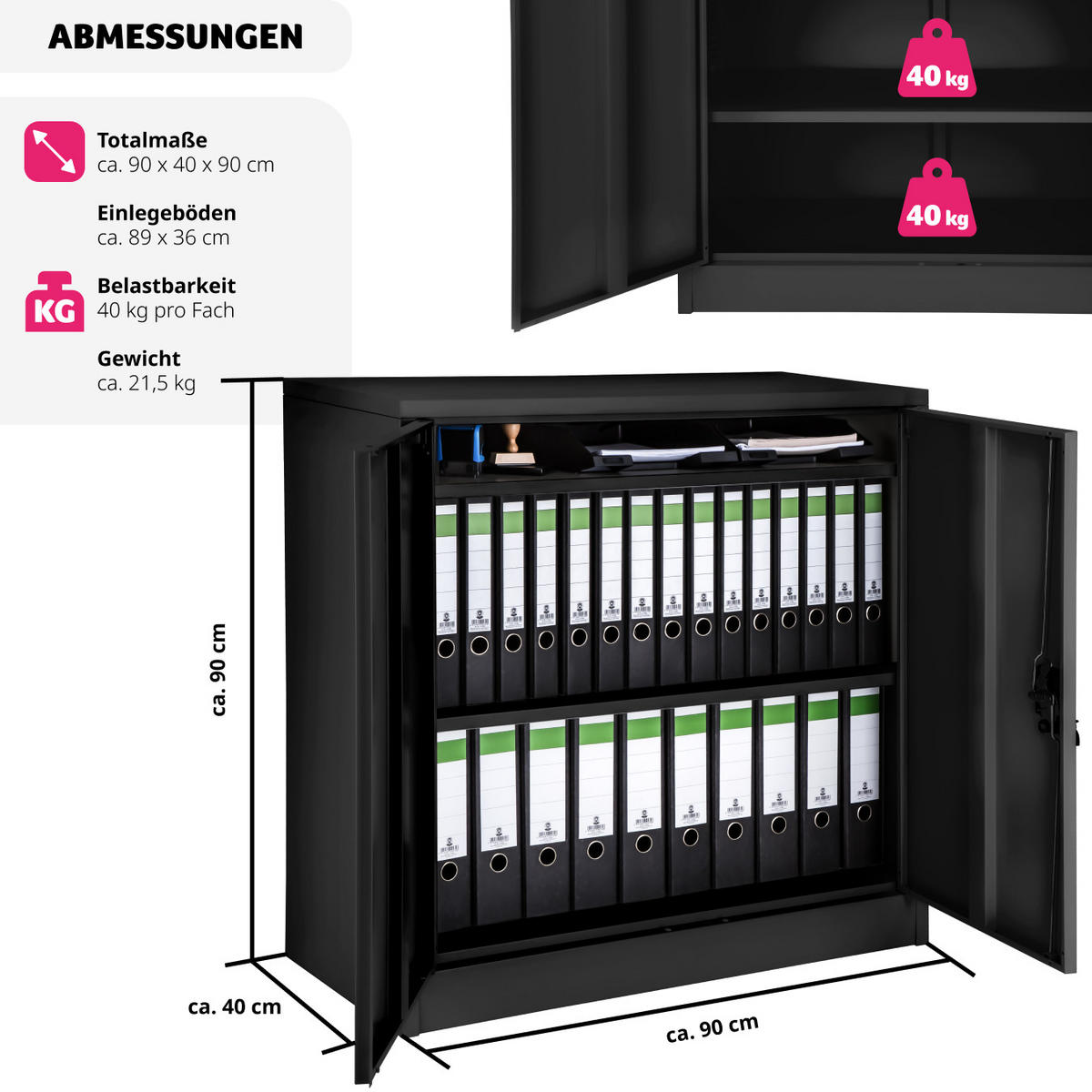 AKTENSCHRANK ,90 x 40 x 90 cm,schwarz - Schwarz, Metall (40/90/90cm) - tectake
