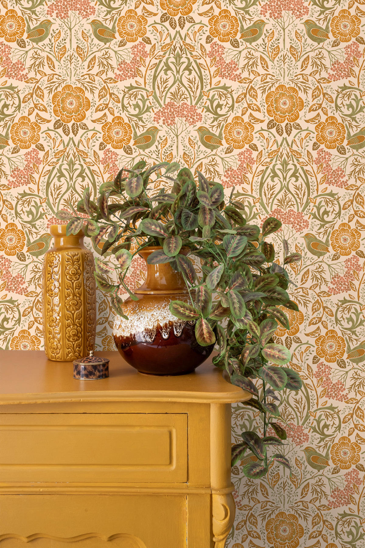 TAPETE Blumen und Vögel im Jugendstil 50 x 900 cm - Orange, Papier (50/900cm) - ESTAhome