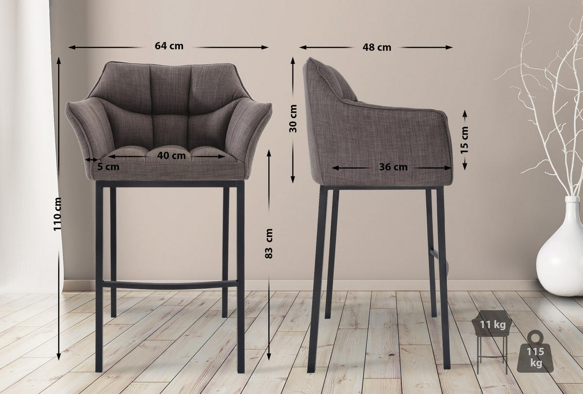 BARHOCKER Stoff grau - Schwarz/Grau, Textil/Metall (64/110/48cm) - CLP