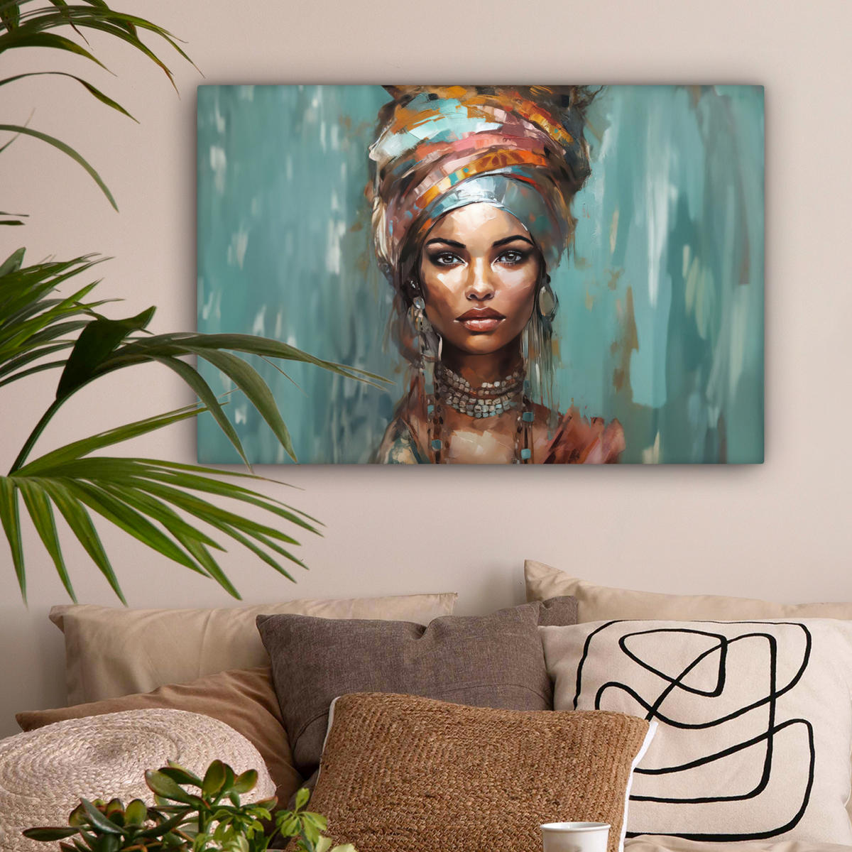 LEINWANDBILD Frau - Kunst - Schmuck - Porträt Wanddeko 90x60 cm - Blaugrau, Textil (90/60cm) - MuchoWow