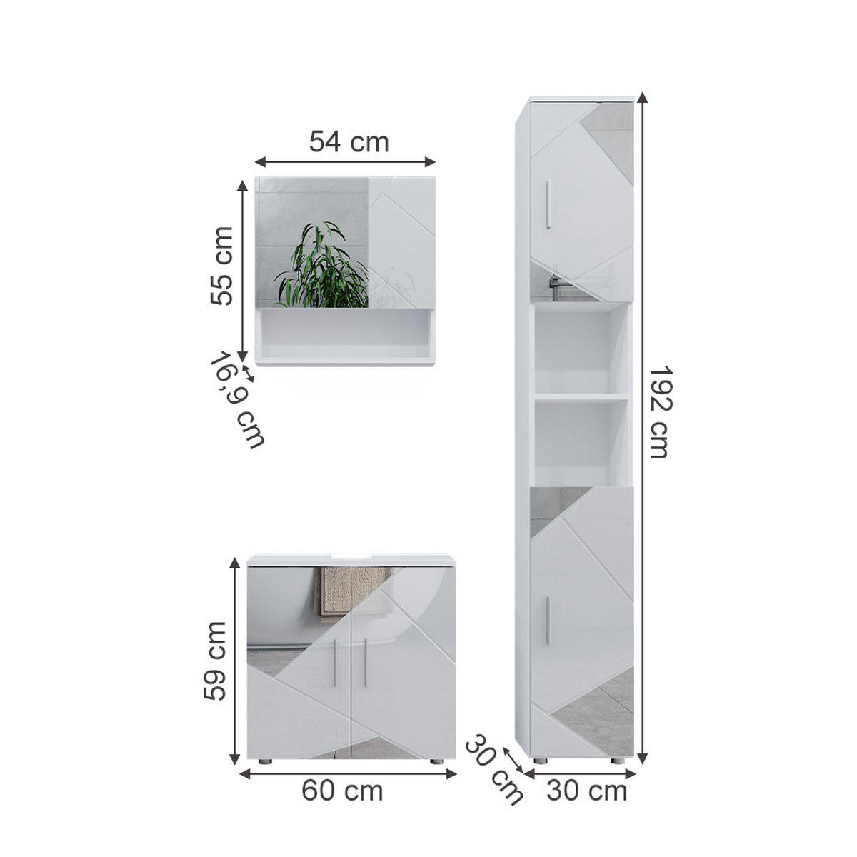 BADMÖBEL-SET Irma Weiß 3 Teile, mit Hochschrank - Weiß Hochglanz/Weiß, Holzwerkstoff (80/58.6/41cm) - Vicco