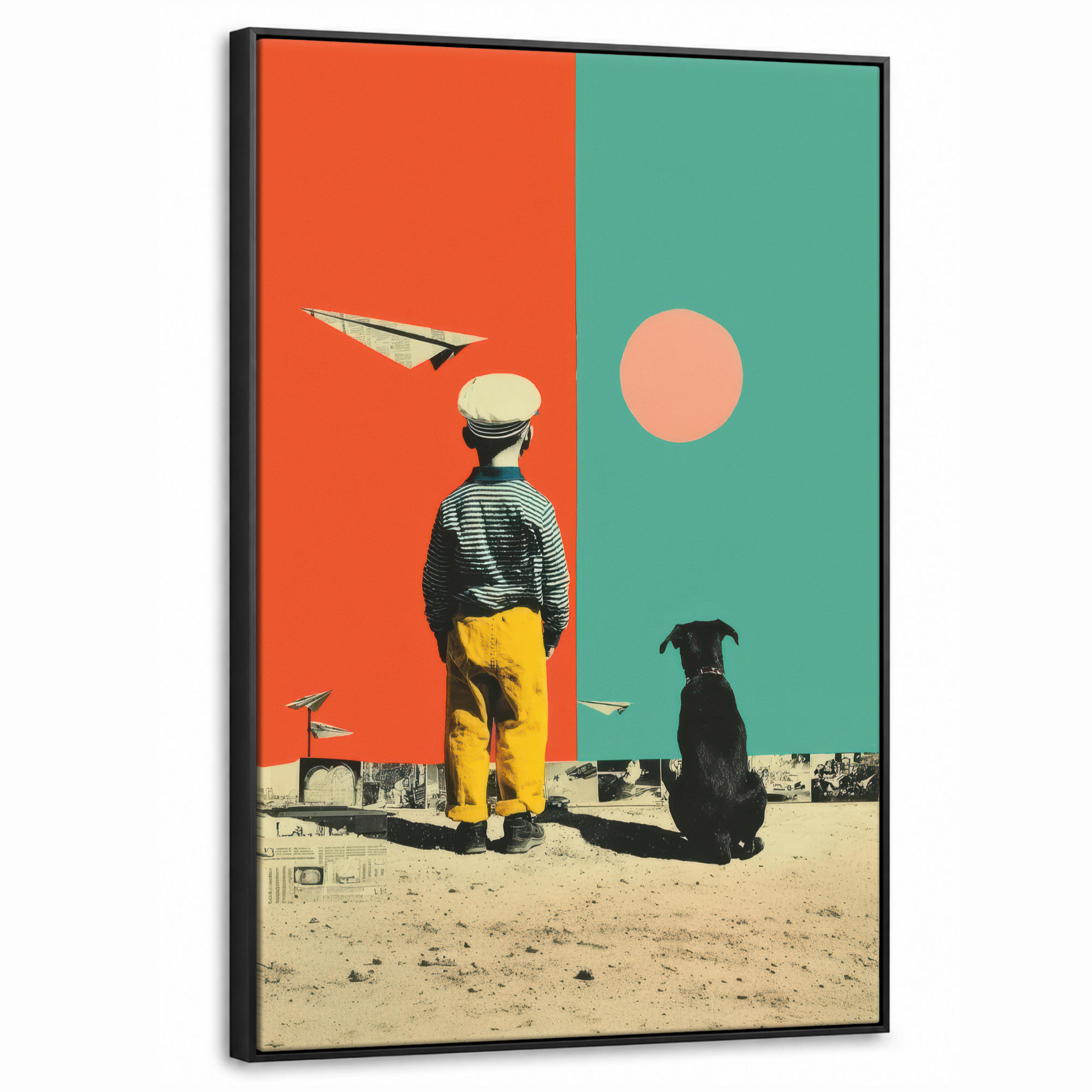 LEINWAND Bilder mit Rahmen - Retro - Junge - Hund - Rot - Grün - 60x90 - Orange, Textil (60/90cm) - MuchoWow