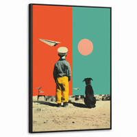 LEINWAND Bilder mit Rahmen - Retro - Junge - Hund - Rot - Grün - 60x90 - Orange, Textil (60/90cm) - MuchoWow