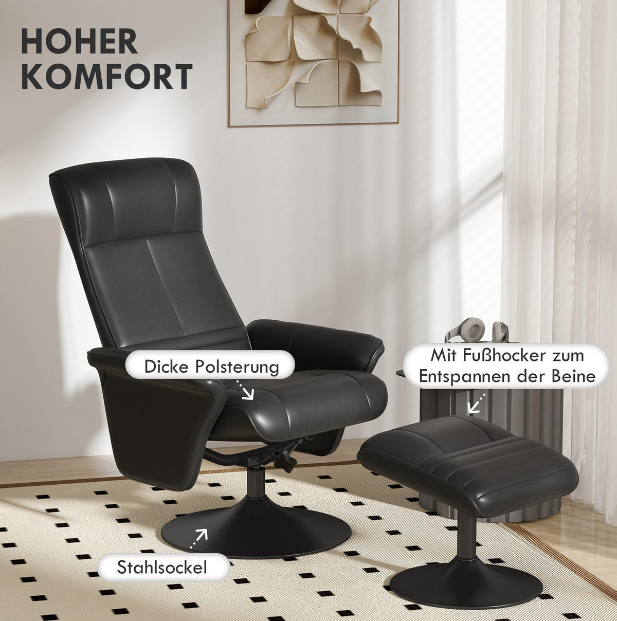RELAXSESSEL 71/104/69 cm Schwarz aus Polyester mit Hocker - Schwarz, Textil (71/104/69cm) - OKMYHOME