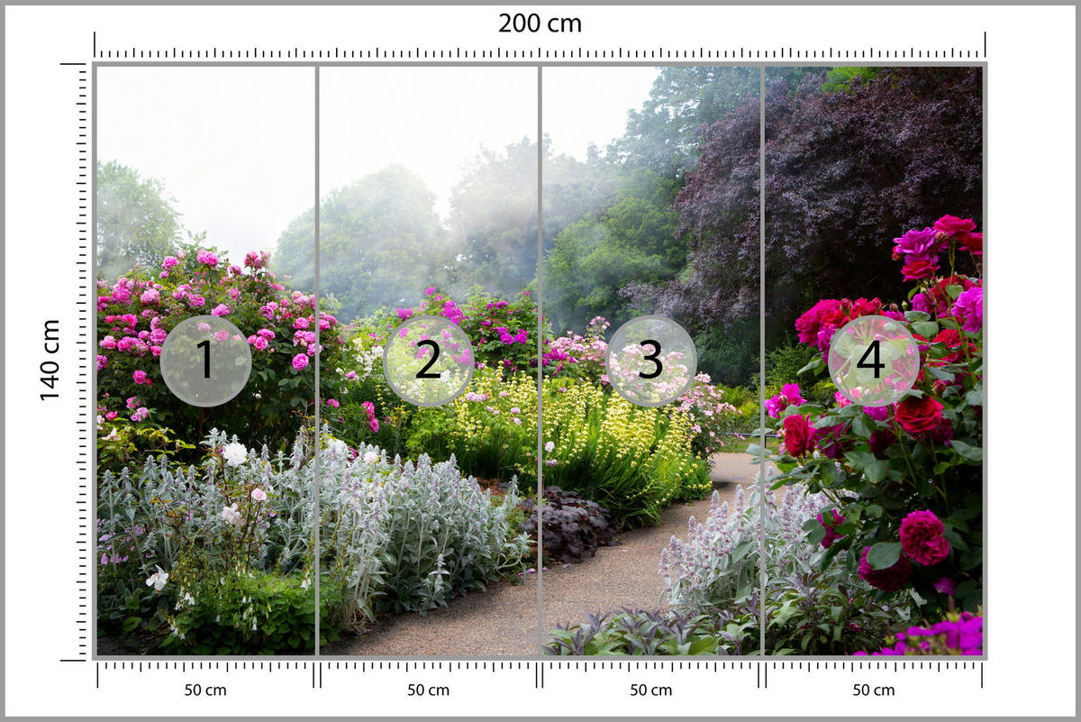 FOTOTAPETE für Schlafzimmer Bunte Blumen Waldweg Rosen Bäume 200x140 - Gelb/Violett, Papier (200/140cm) - Muralo