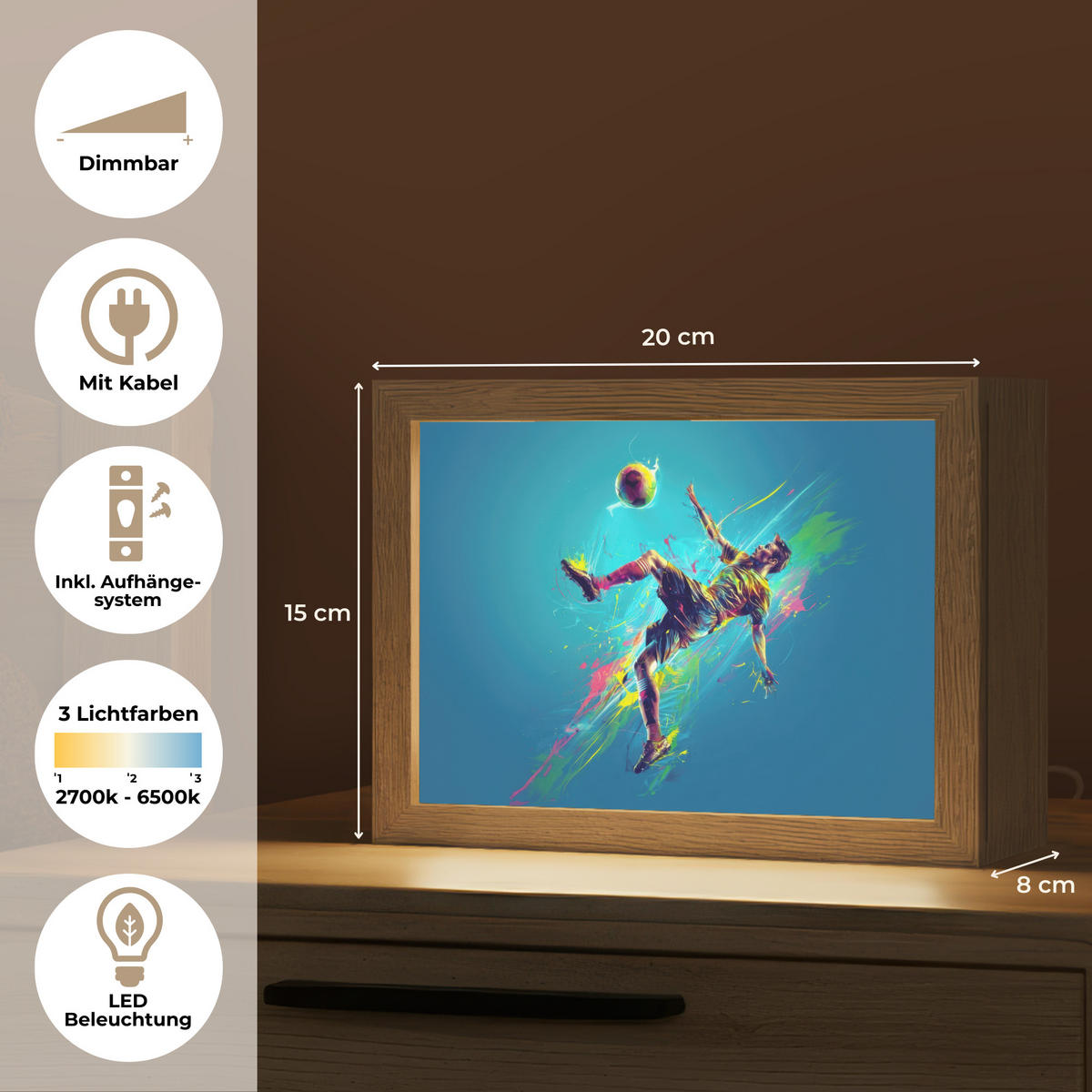 NACHTTISCHLAMPE Fußballer - Farbspritzer - Farbenfroh - Ball 20x15 cm - Blau, Holzwerkstoff (8/20/15cm)