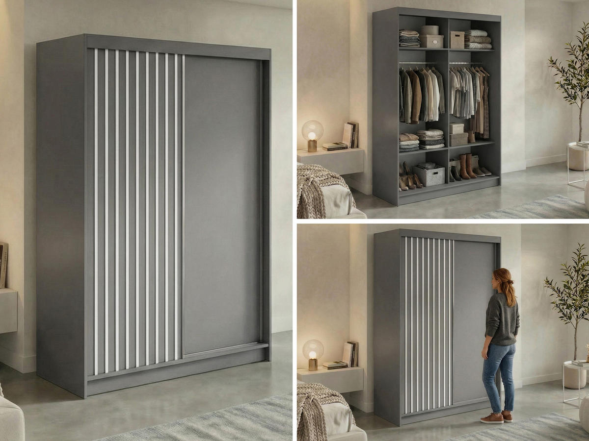 SCHWEBETÜRENSCHRANK mit Lamellen LUMOS - 150 - Grau und Weiß - Alufarben/Weiß, Holzwerkstoff/Metall (150/216/61cm) - MKS