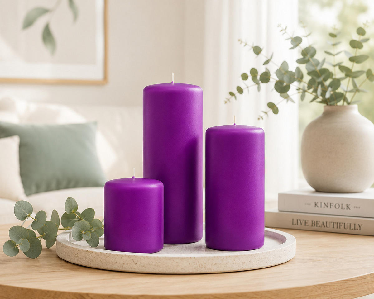 STUMPENKERZEN Samt-Lack Purple Lila 15 x 7 cm, 4er Set - Lila, Paraffin (7/15/15cm) - Kopschitz Kerzen