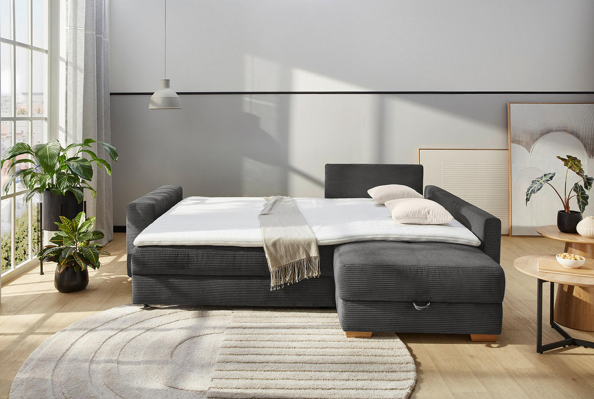 ECKSOFA-DAUERSCHLÄFER Boxspring Federkern Topper Bettkasten, seitenverkehrt montierbar B257/T206/H85 cm, Cord Grau Anthrazit / 15211 - Schieferfarben/Eichefarben, Holz/Textil (257/206cm) - luma-home