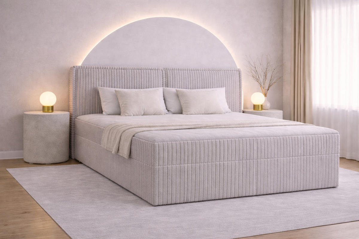 BOXBETT 04 180 x 200 cm - Ambience – Modernes Polsterbett mit Bettkasten, Topper und gepolstertem Kopfteil, Stoffbezug, Stauraumbett - Hellgrau, Holz (180/200cm) - ROYAL24_MARKT