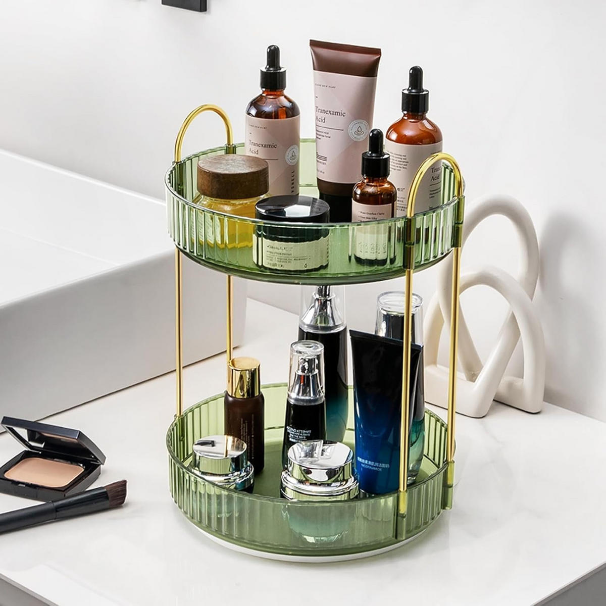 KOSMETIK-ORGANIZER, drehbar, 2-stöckig, grün，23/23/32cm - Grün, Kunststoff (23.5/10.5/23.5cm)