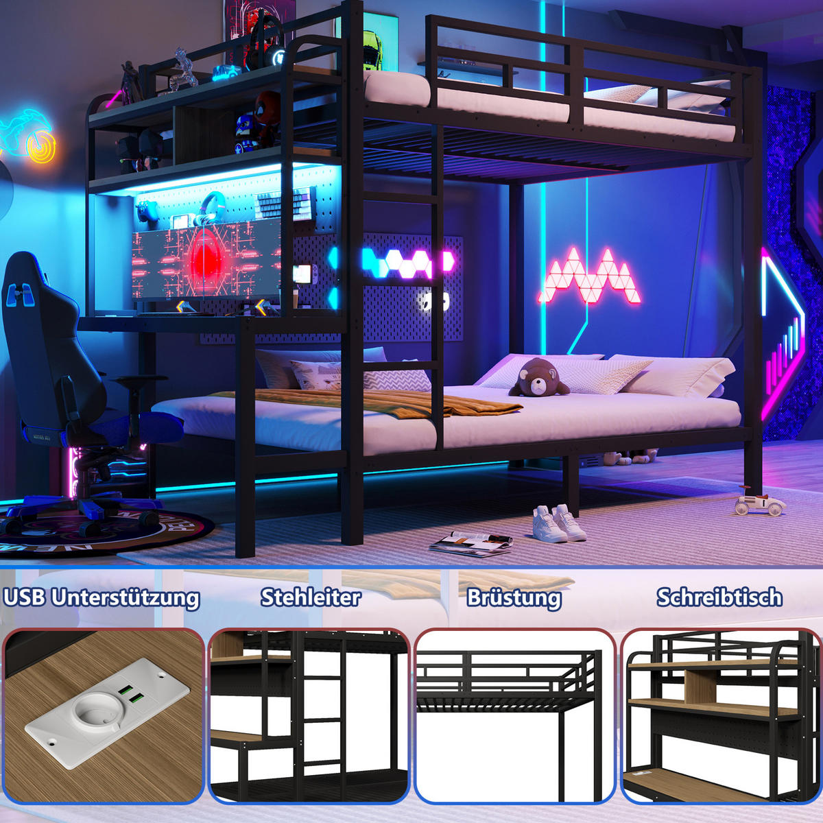 ETAGENBETT aus Metall und MDF 140x200 cm Schwarz mit Schreibtisch, Ablagefächern, LED-Lichtleiste und USB-Anschluss - Schwarz, Metall (140/200cm) - Modfu