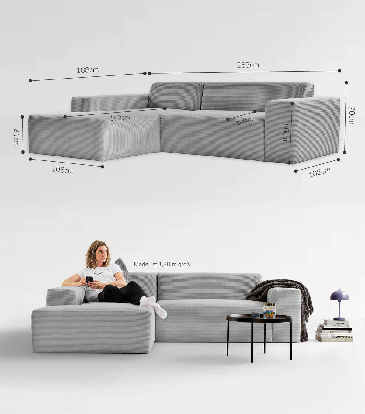 ECKSOFA Die Lässige Recamiere links - Grau, Textil (253/188cm) - Mokebo