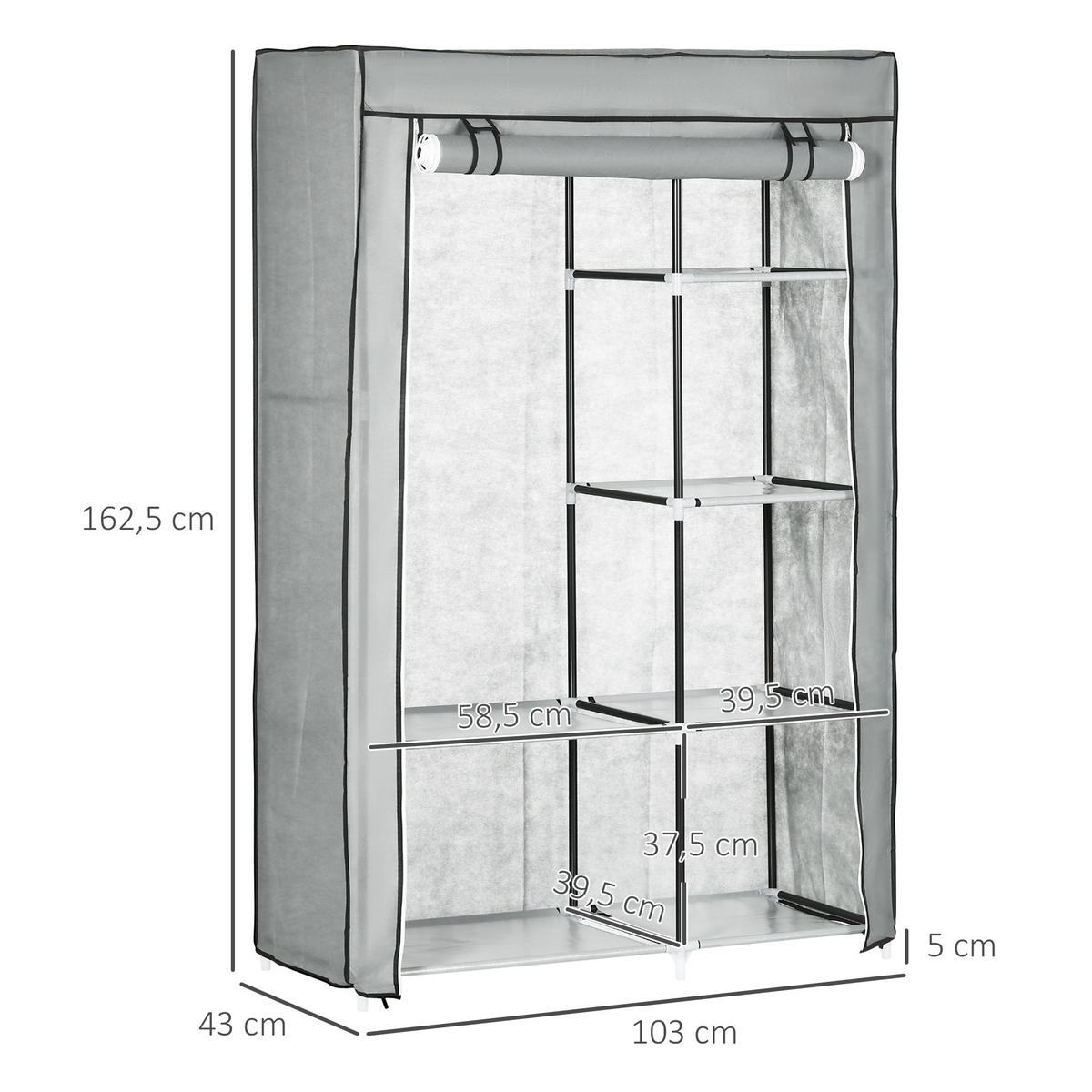 KLEIDERSCHRANK, Stoffschrank, Grau - Grau, Metall (43/162.5/103cm) - HOMCOM