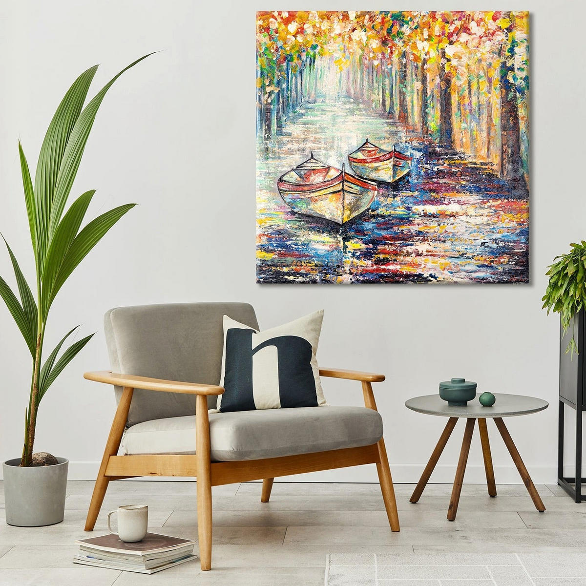 GEMÄLDE Herbstlicher Anlegeplatz auf Keilrahmen 90x90 cm - Orange, Holz (90/90cm) - YS-art gallery