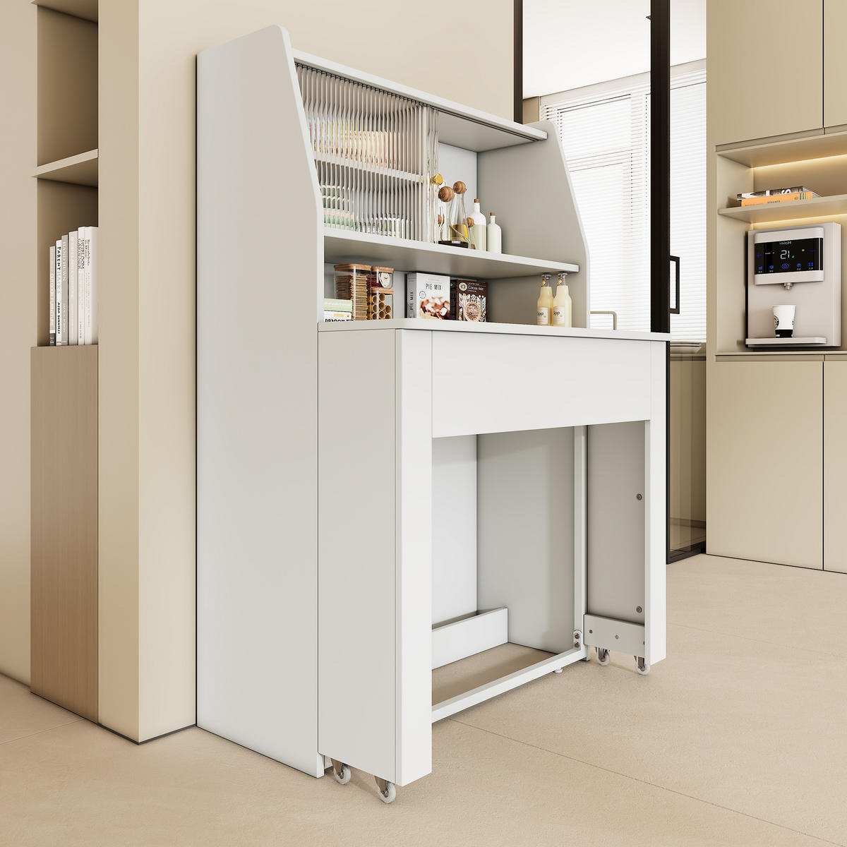 ESSTISCH in Weiß ausziehbarer Küchentisch mit Stauraum, Einweg-Ausziehtisch und Esszimmer-Stauschrank , B52-132.5/T80/H76cm - Weiß, Glas/Holzwerkstoff (80/132.5/75cm) - STILVORA