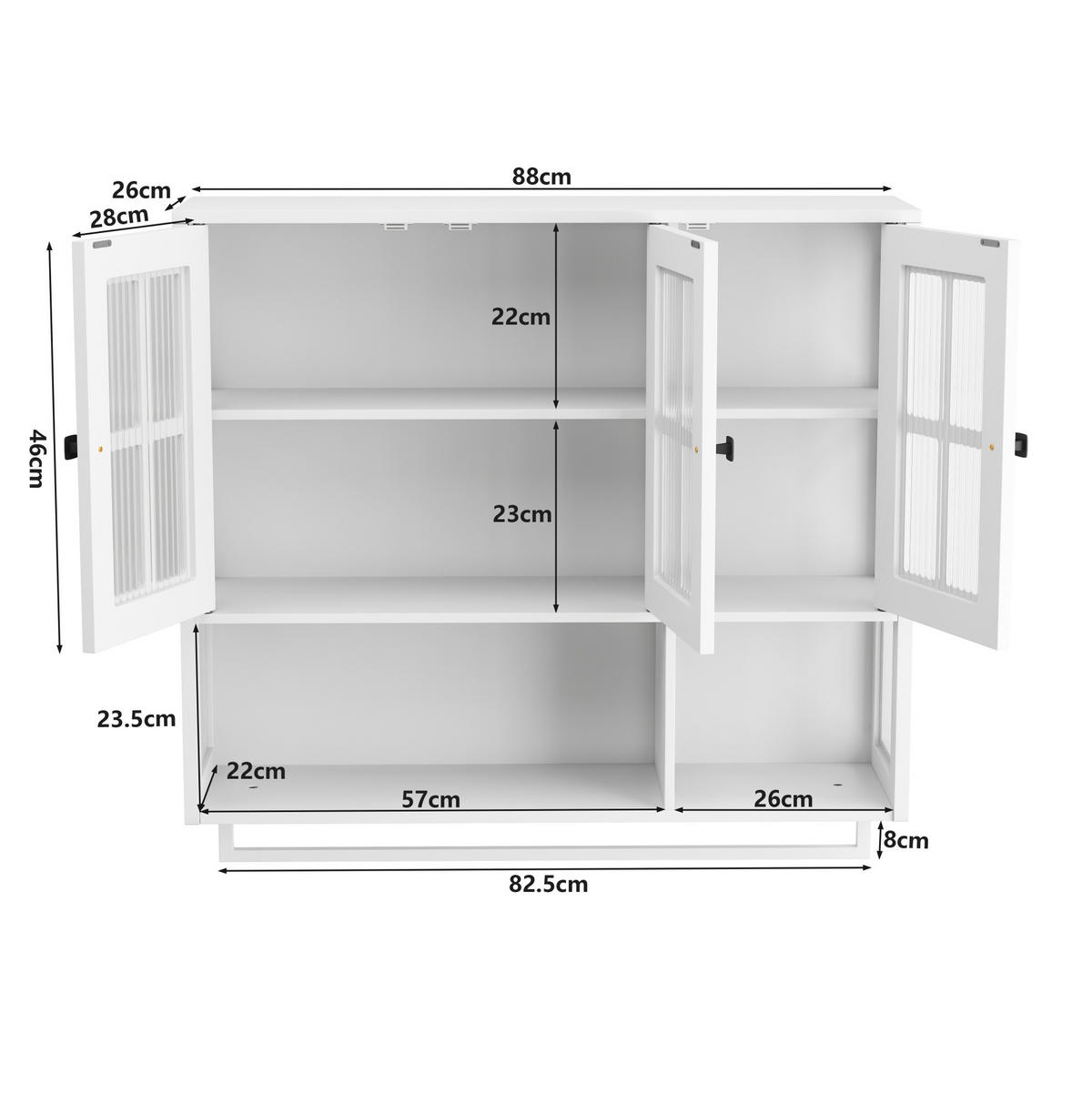 KÜCHENOBERSCHRANK 88/26/82,5 cm mit 3 Türen, offenen Fächern, Handtuchhalter aus MDF und Glas, Weiß - Weiß, Holzwerkstoff (88/82.5/26cm) - Redom