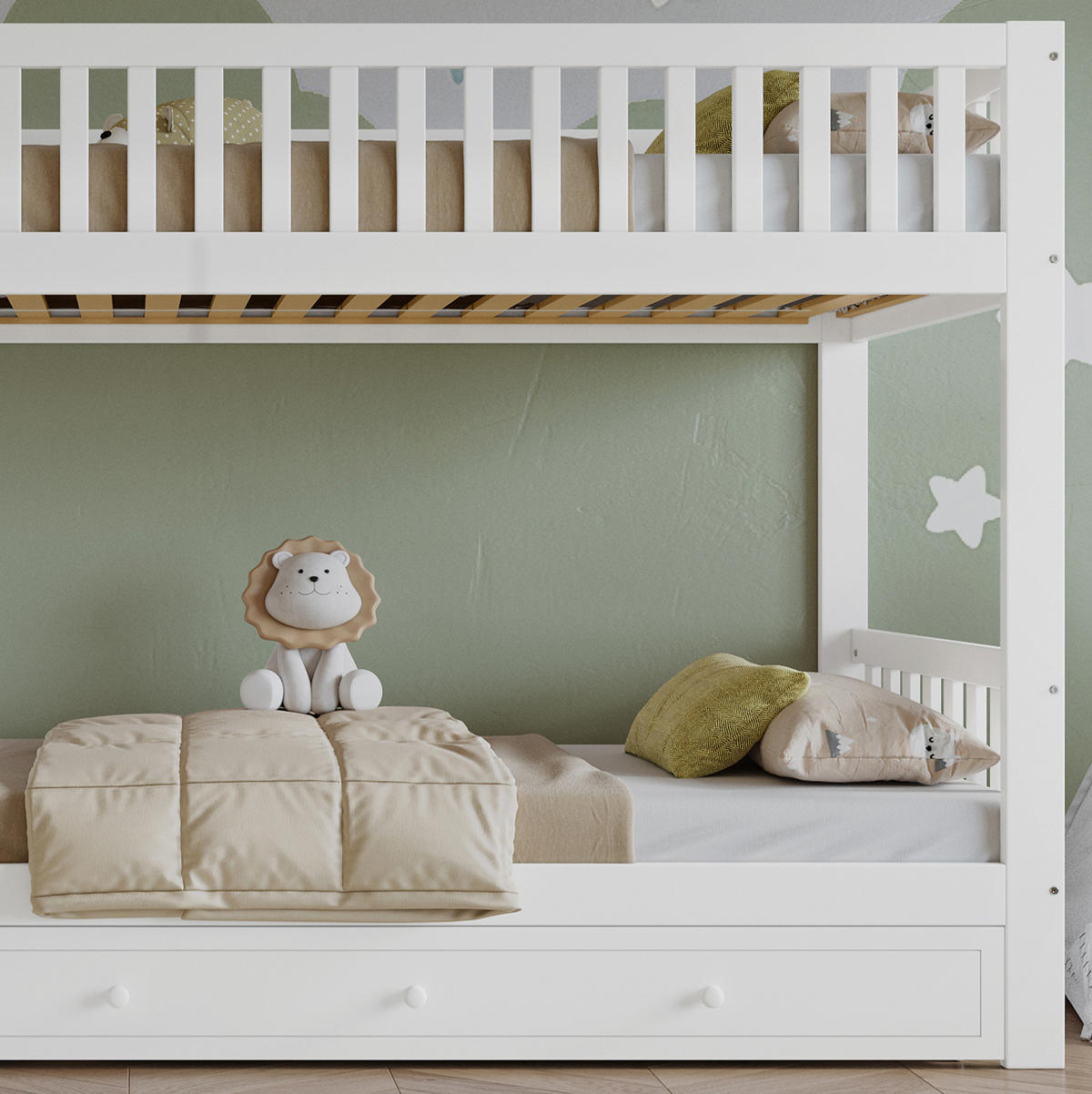 ETAGENBETT 90/200 cm aus Kiefer und MDF mit vierseitigen Geländern Weiß/Natur - Weiß, Holz (90/200cm) - Modenvie