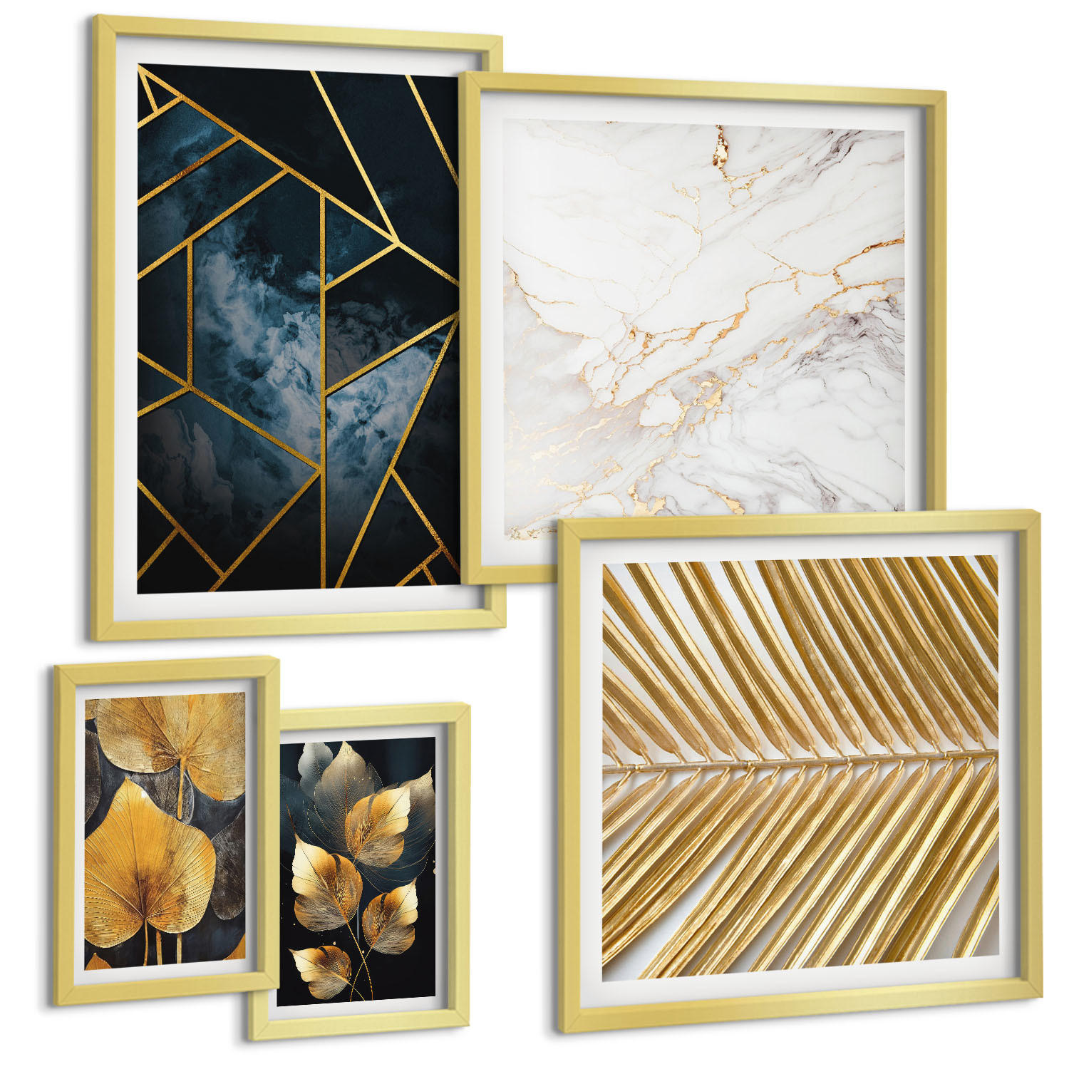BILDER SET 5er Set - 50x50 cm & 20x30 cm & 40x60 cm Goldrahmen - Moderne Pflanzenmuster - Goldfarben, Kunststoff (40/60cm) - TULUP