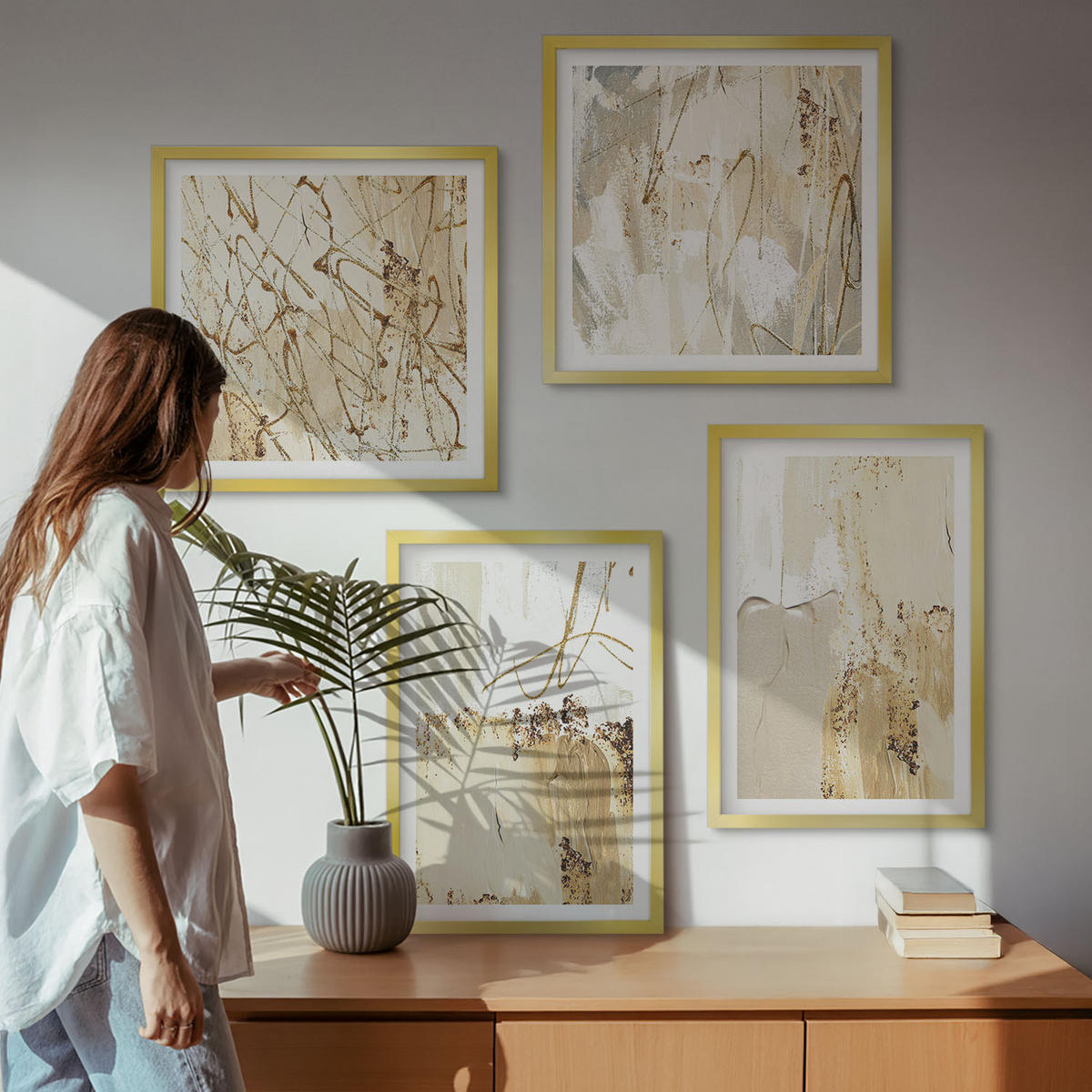 BILDER SET 4er Set - 50x50 cm & 40x60 cm Goldrahmen - Abstrakte Muster beige weiß - Goldfarben, Kunststoff (50/50cm) - TULUP