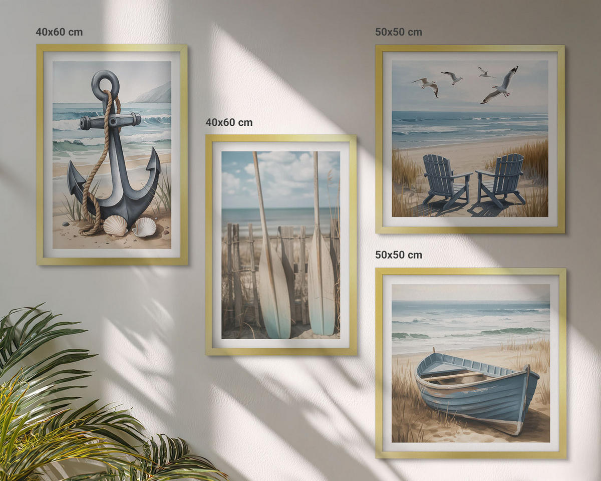 BILDER SET 4er Set - 50x50 cm & 40x60 cm Goldrahmen - Anker, Boot, Ruder, Strand - Goldfarben, Kunststoff (50/50cm) - TULUP
