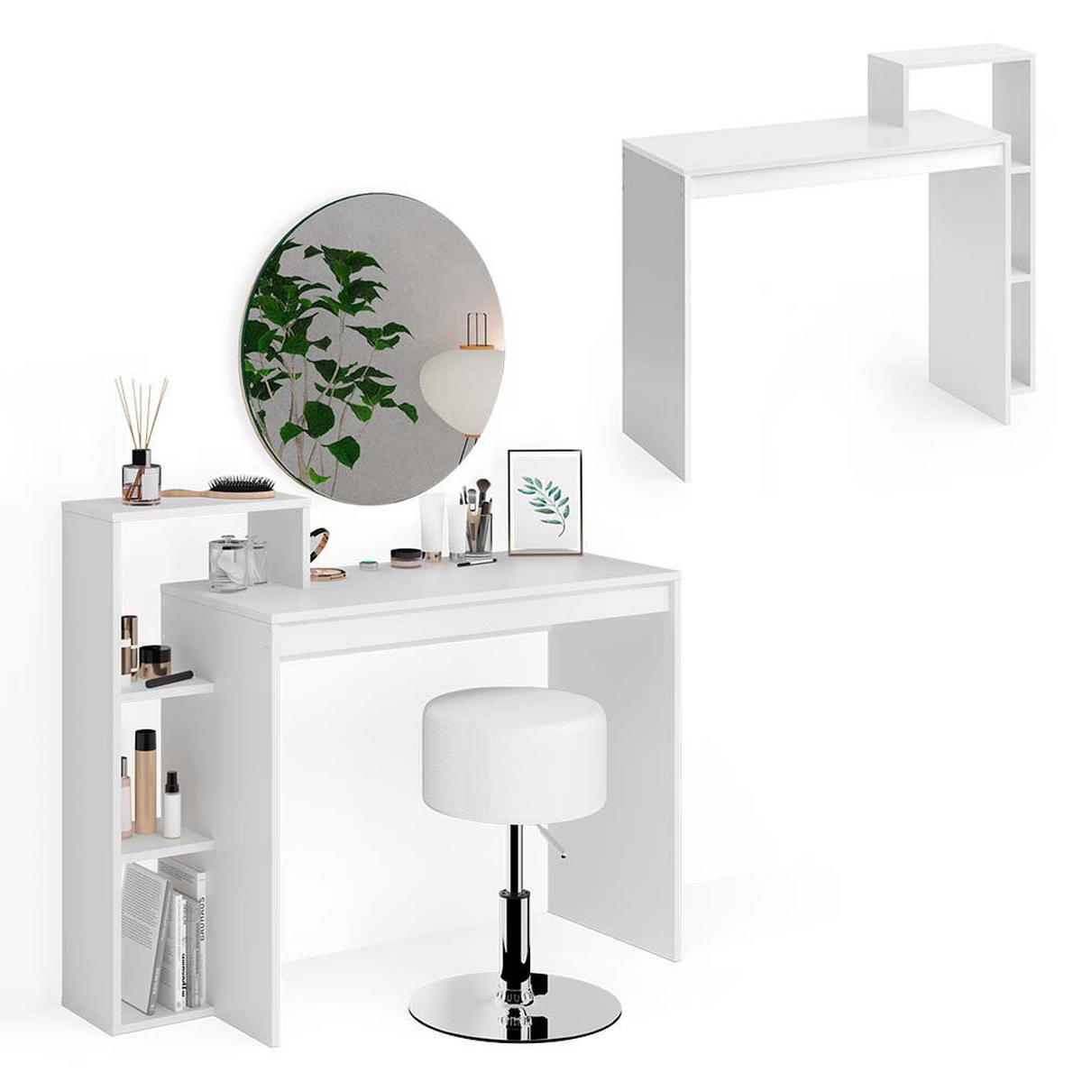SCHMINKTISCH Leo Weiß 100 cm mit Spiegel und Hocker - Weiß, Holzwerkstoff (100/90/40cm) - Vicco