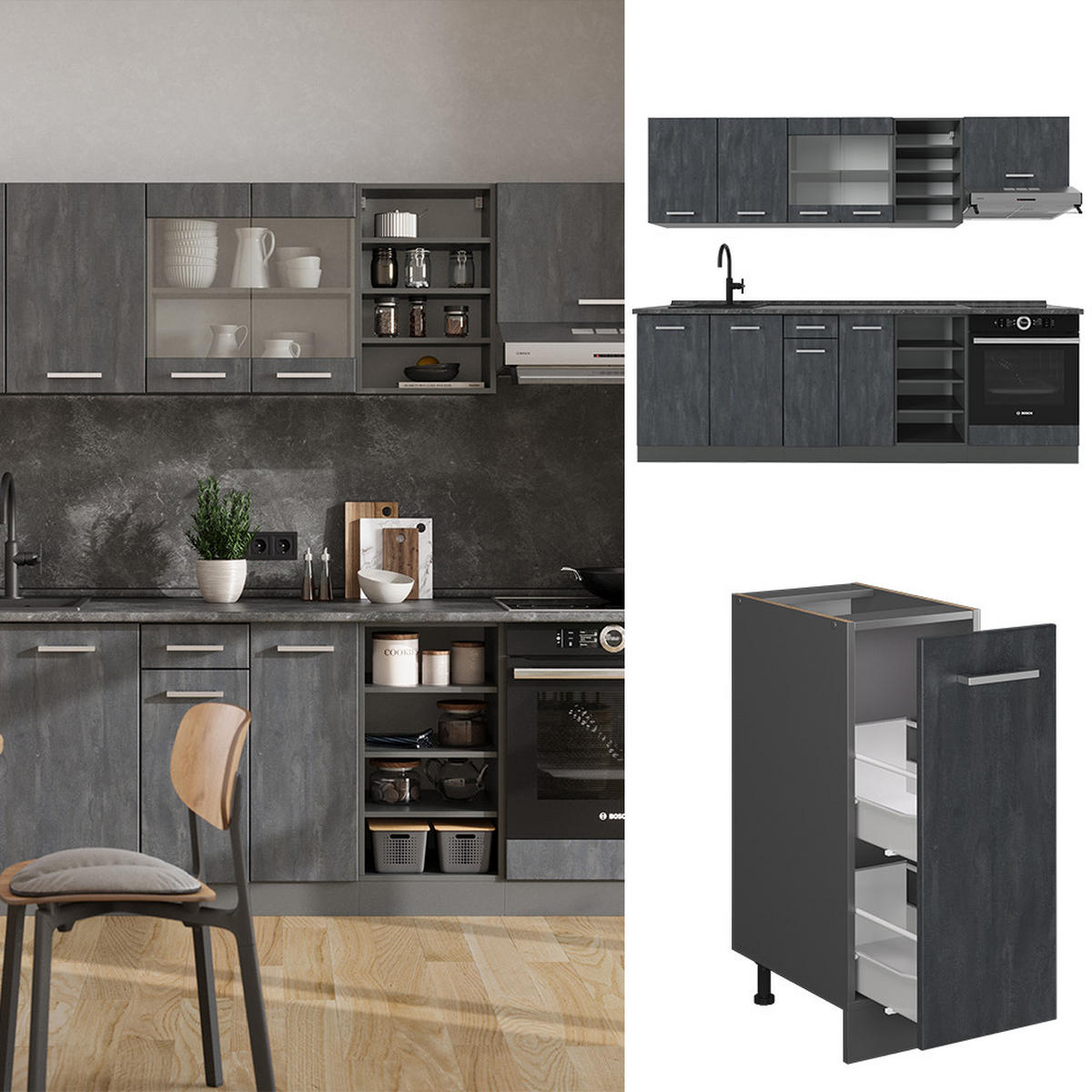 KÜCHENZEILE R-Line Schwarz Beton/Anthrazit 240 cm AP Eiche - Anthrazit/Schwarz, Holzwerkstoff (240/81.6/60cm) - Vicco