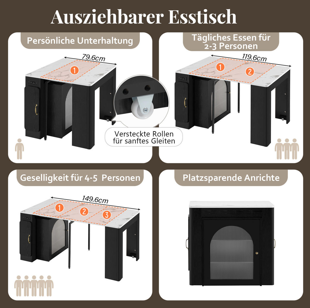 KÜCHENINSEL 83/39,6-149,6/77 cm in Weiß/Schwarz mit LED und USB- und Type-C-Anschlüssen - Schwarz, Holzwerkstoff (83/77/39.6cm) - Flora Grace