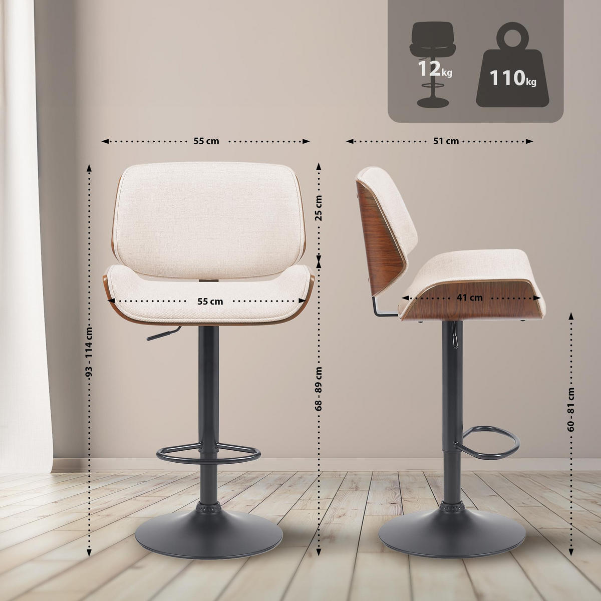 BARHOCKER Stoff Walnuss/Creme - Walnussfarben/Creme, Textil/Metall (55/93/51cm) - CLP