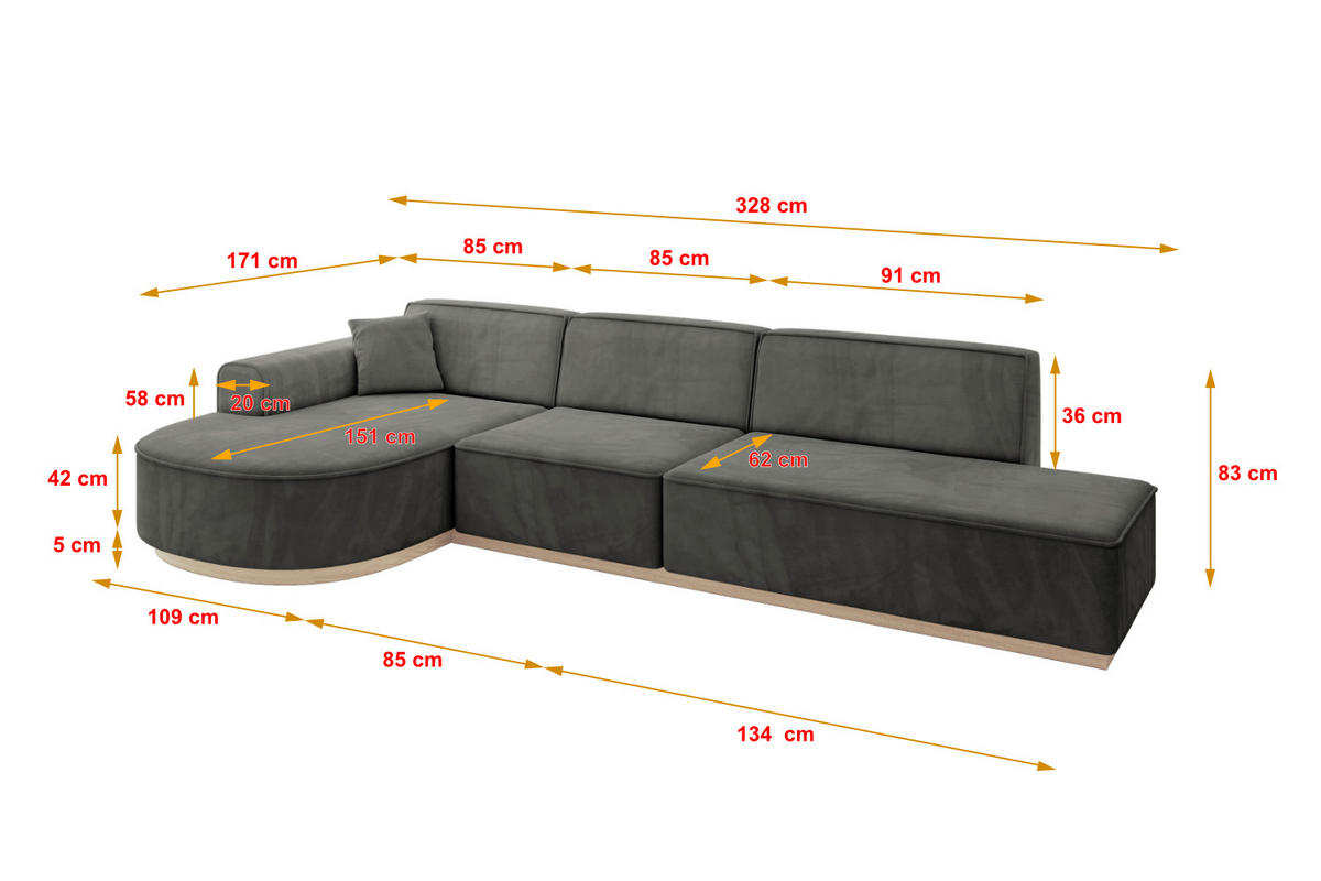 ECKSOFA Ottomane Links ARRIO-L2 - 328x171x83 cm Dunkelgrau - Dunkelgrau, Holzwerkstoff/Textil (328/171cm) - ALTDECOR