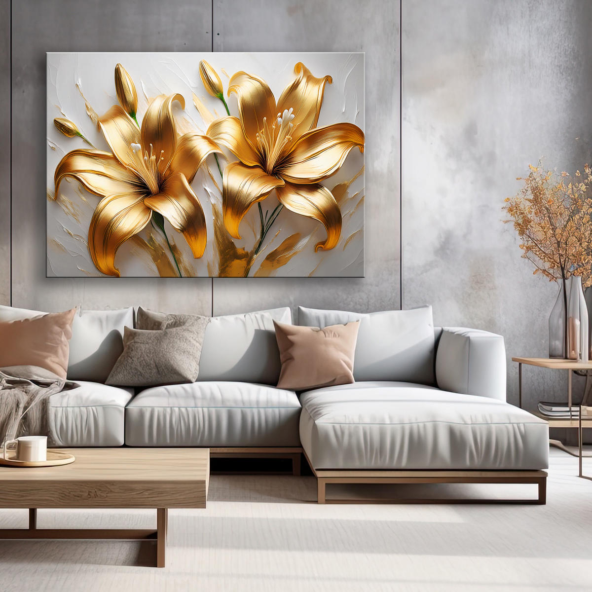 WANDBILD glamouröse goldene lilien blumen pflanzen - Goldfarben, Textil (60/40cm) - Feeby