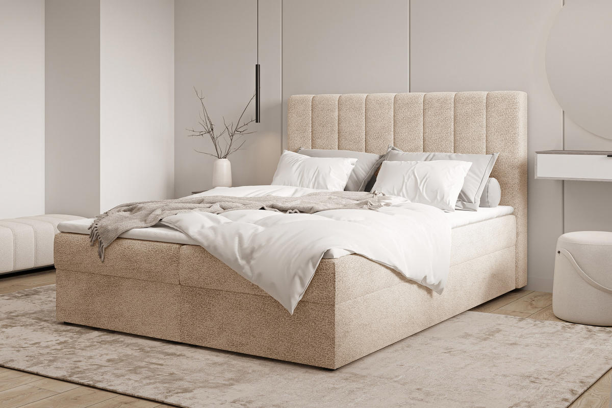 BOXBETT 01 180 x 200 cm - Arena – Stilvoll und bequem Mit Bettkasten, PU-Topper, Federmechanismus, waschbarer Bezug - Beige, Holz (180/200cm) - ROYAL24_MARKT
