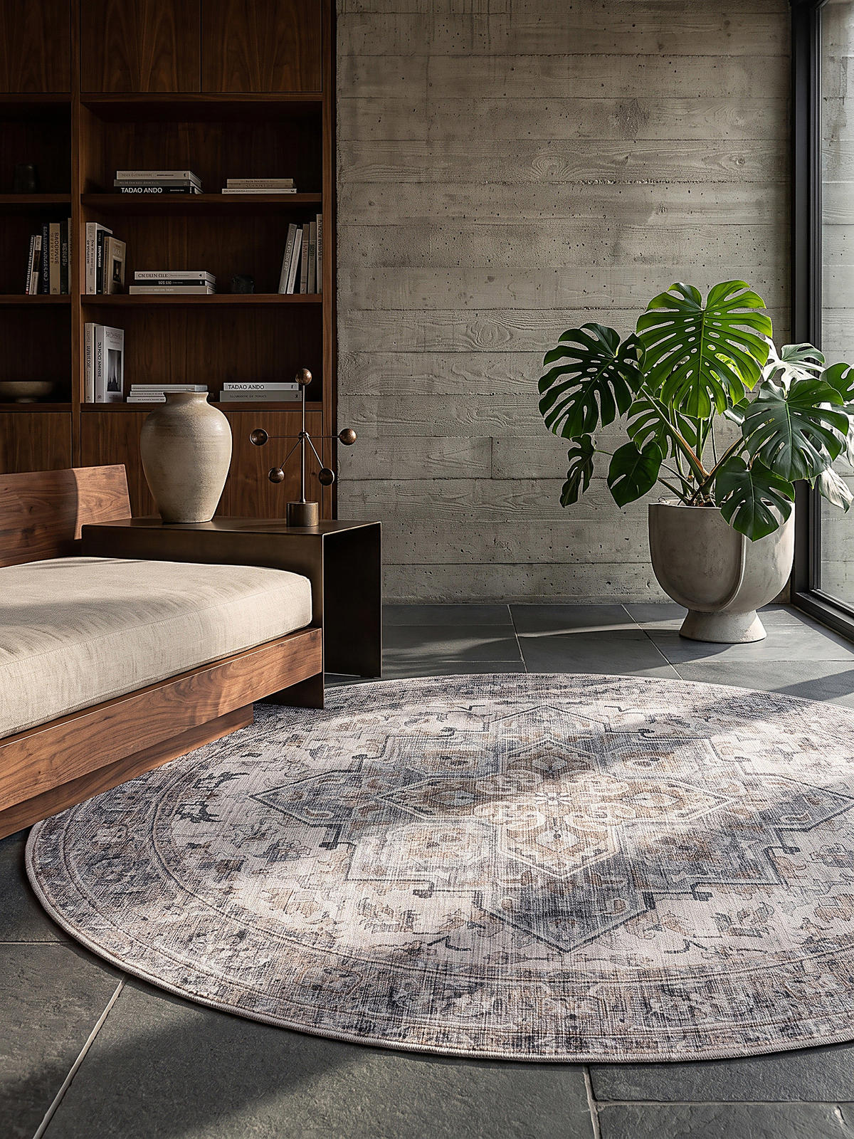 TEPPICH Kurzflor, waschbar, mit Medaillon, VERNANTE in Beige-Grau, Ø 120 cm - Beige, Textil (120/120cm) - KADIMA DESIGN
