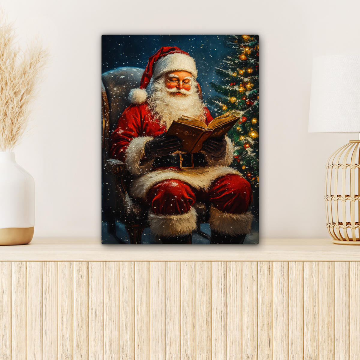 LEINWANDBILD Weihnachtsmann - Weihnachten - Winter - Weihnachtsbaum 30x40 cm - Bordeaux, Textil (30/40cm) - MuchoWow